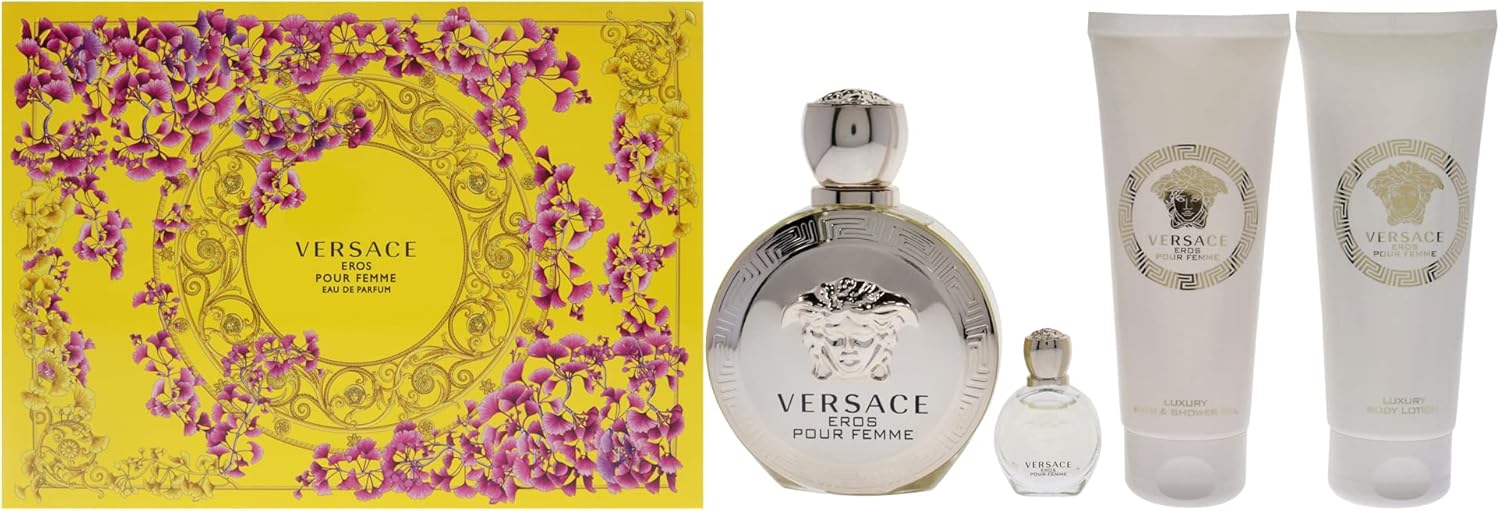 Versace Eros pour Femme Gift Set 100ml EDP + 5ml EDP + 100ml Body Lotion + 100ml Shower Gel Versace Eros pour Femme Gift Set 100ml EDP + 5ml EDP + 100ml Body Lotion + 100ml Shower Gel - Image 1